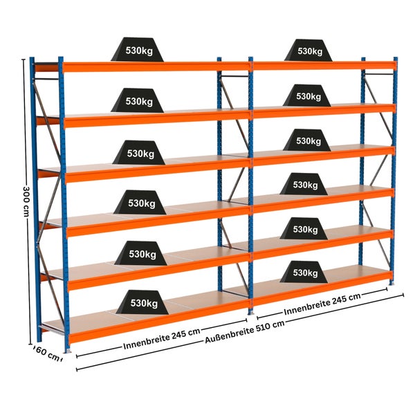 Regal mit mehreren Ebenen und Gewichtsangaben zur Darstellung der Belastbarkeit