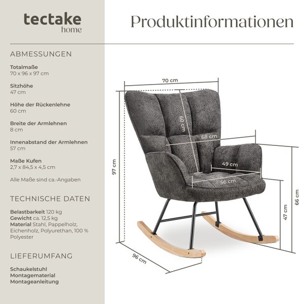 tectake home Logo. Produktinformationen für einen gepolsterten Schaukelstuhl mit Holzkufen, Maßen in Zentimeter und technischer Belastbarkeit.