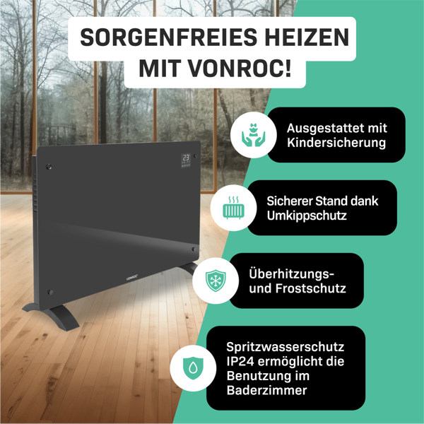 Vonroc Heizung mit Kindersicherung, Kippschutz, Überhitzungs- und Frostschutz, Spritzwasserschutz IP24