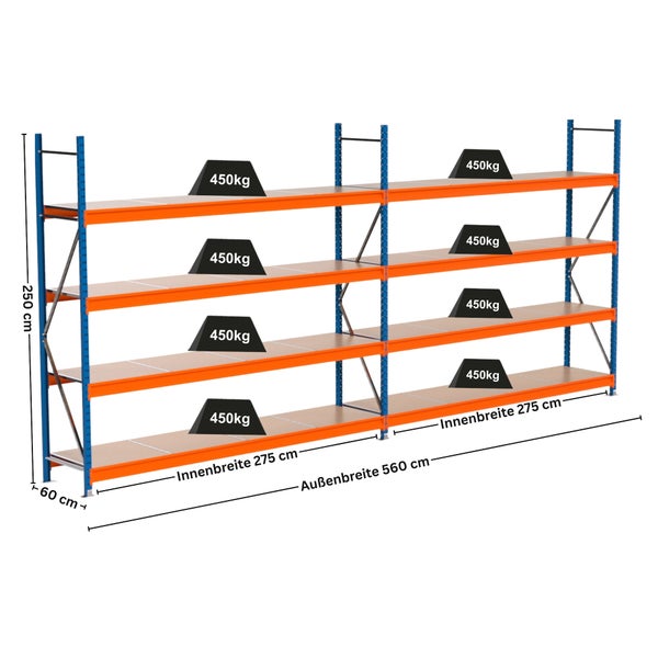 Regal mit vier Ebenen und den Maßen 250 cm Höhe, 60 cm Tiefe, 275 cm Innenbreite und 560 cm Außenbreite. Die maximale Traglast pro Ebene beträgt 450 kg.