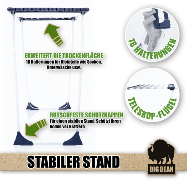 Big Dean Wäscheständer mit 18 Halterungen und Teleskopflügeln