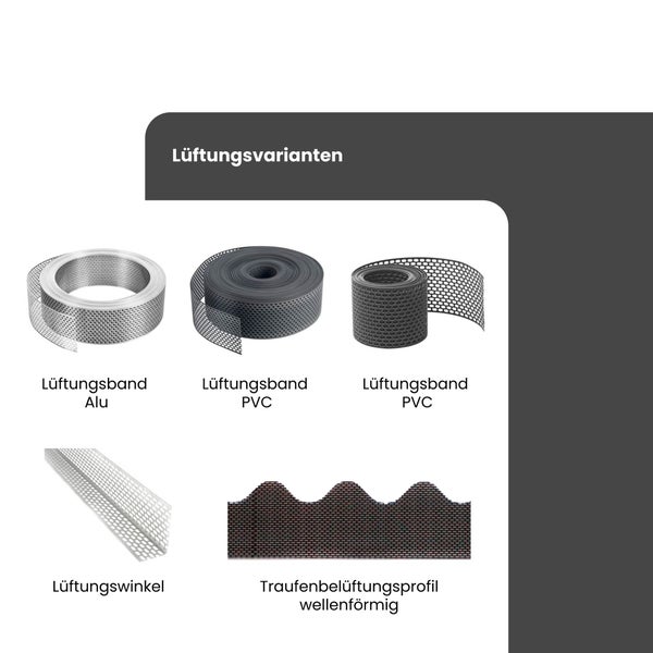 Verschiedene Belüftungselemente: Lüftungsbänder aus Aluminium und Polyvinylchlorid, Lüftungswinkel und ein wellenförmiges Traufenbelüftungsprofil.