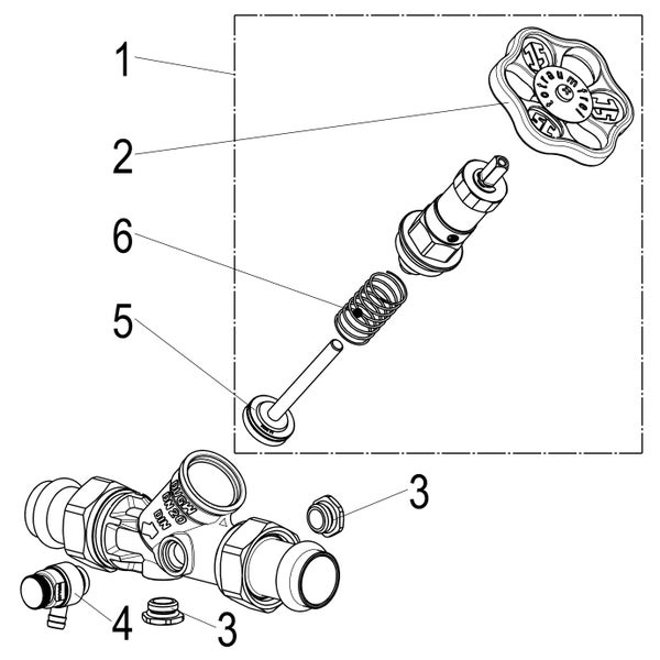 Technische Explosionszeichnung eines Ventils mit Handrad, Feder und Spindel, nummerierte Bauteile und Ventilgehäuse mit Kennzeichnungen.