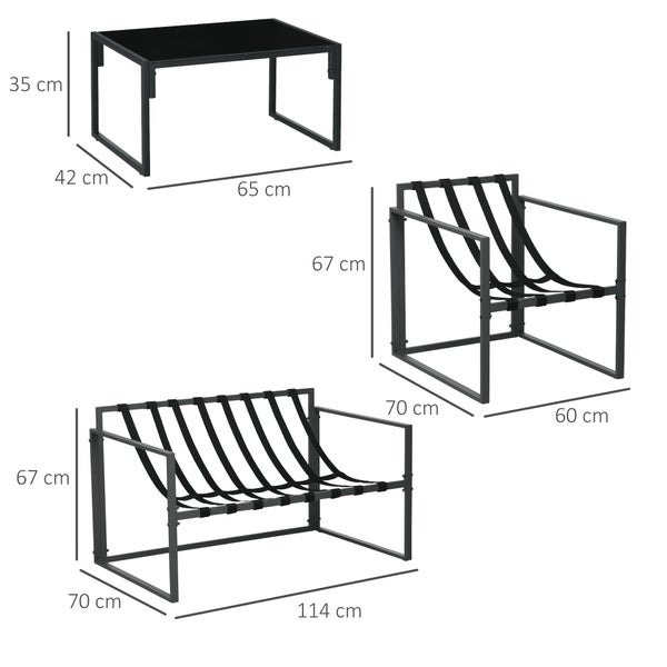 Gartenmöbelset mit Tisch, Sessel und Bank mit Maßangaben