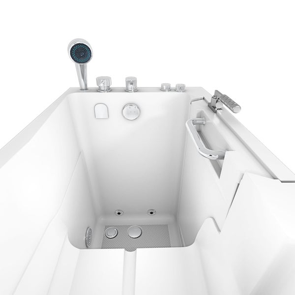 Innenansicht einer barrierefreien Badewanne mit Tür, Bedienelementen und Handbrause.