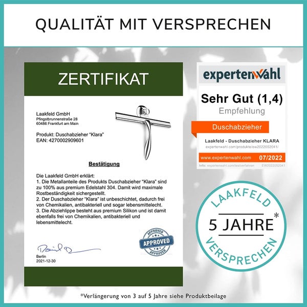 Extra breiter 30,5cm Duschabzieher Edelstahl mit Silikon Lippe - Abzieher Dusche Edelstahl inkl. Saugnapf Halterung ohne Bohren - Duschabzieher breit mit ergonomischem Griff - Duschwischer Edelstahl