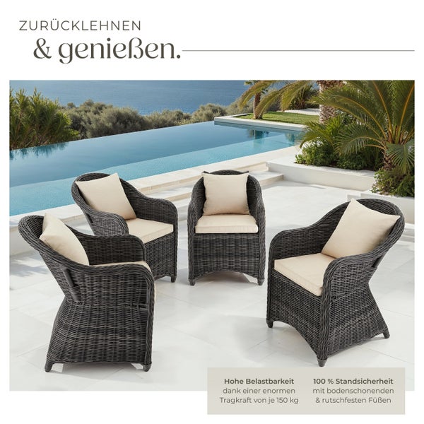 4er Set Rattansessel tectake  71 x 60 x 84 cm mit Aluminiumgestell grau