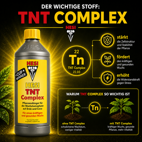 Hesi TNT Complex Pflanzendünger für die Wachstumsphase auf Erde und Kokosfasern zur Stärkung der Pflanzenstruktur und Förderung des Wachstums.