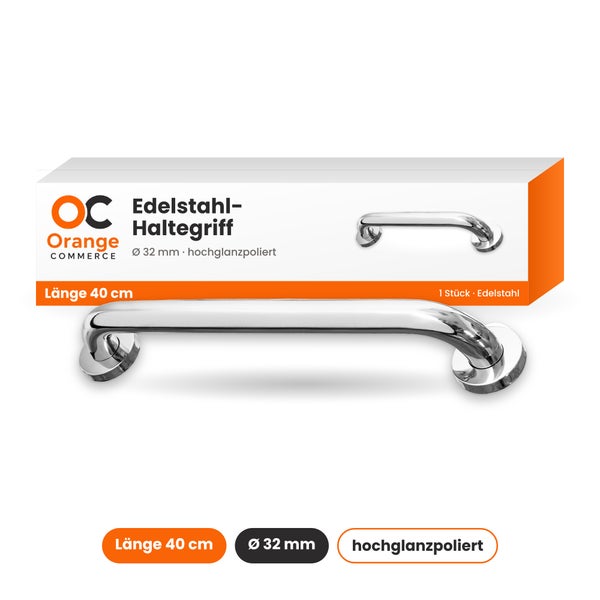 Orange Commerce Edelstahl Haltegriff 40 Zentimeter lang, 32 Millimeter Durchmesser, hochglanzpoliert in der Produktverpackung.