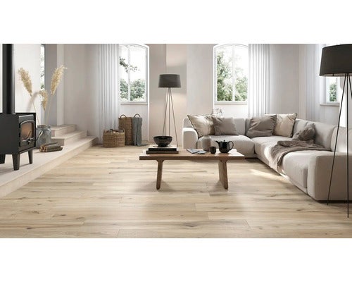 Wohnzimmer mit Holzbodenfliesen, Kaminofen und Ecksofa