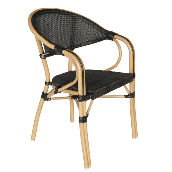 Bistro-Stuhl aus Aluminium in Bambus-Optik mit schwarzer Textilene-Bespannung.