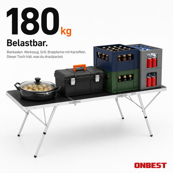 Stabiler Klapptisch mit einer Belastbarkeit von 180 Kilogramm, beladen mit Werkzeugkoffer, Getränkekisten und Bratpfanne. ONBEST Logo.