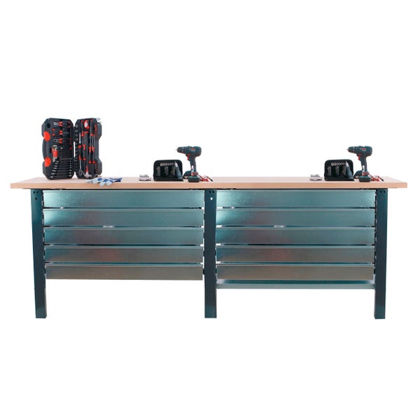 Werkbank BUFFALO WOOD mit 10x Schublade| HxBxT 86,5x260x75cm | Traglast 1000kg | Anthrazit