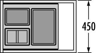 Technische Zeichnung eines Schubladeneinsatzes in der Draufsicht mit verschiedenen Fächern und einer Maßangabe von 450 Millimetern.