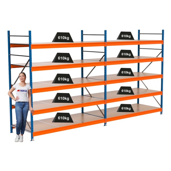 Lagerregal mit Ebenen und einer Traglast von 610 Kilogramm pro Ebene