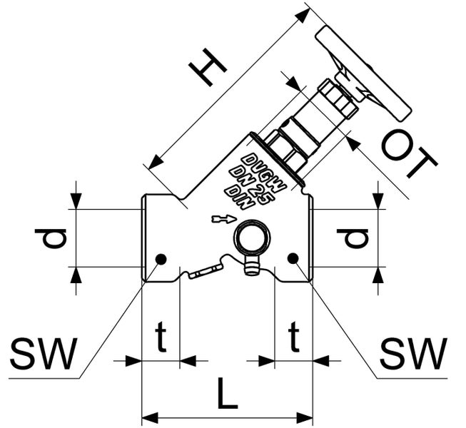 Technische Zeichnung eines Freistromventils mit Maßangaben für Höhe, Länge, Durchmesser und Schlüsselweite