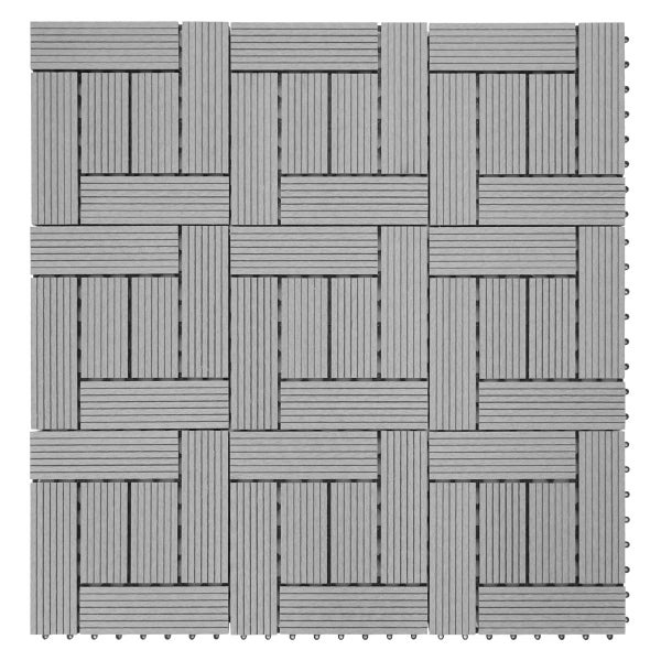 Klickfliese aus Holz-Kunststoff-Verbundwerkstoff in Grau mit geriffelter Oberfläche und Korbgeflecht-Muster.
