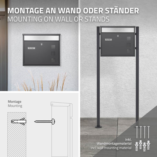 ECD Germany Design Briefkasten mit Pfosten, Standbriefkasten mit Namensschild, Briefkastenanlage, Briefkastenständer Anthrazit 120 cm Edelstahl, Postkasten Anthrazit-Silber Edelstahl pulverbeschichtet