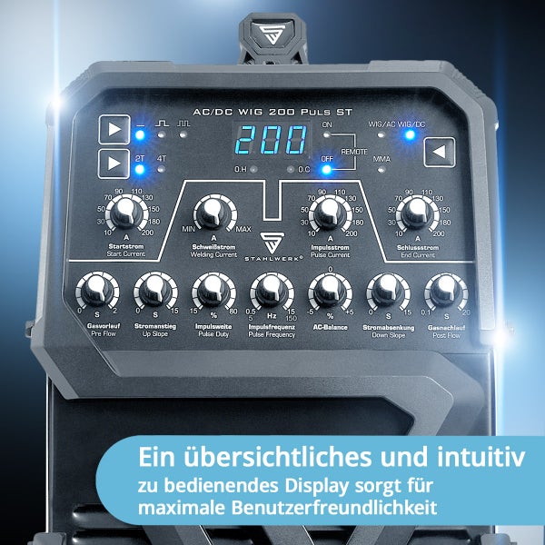 Bedienfeld eines Stahlwerk AC/DC WIG 200 Puls ST Schweißgeräts mit Einstellknöpfen und digitaler Anzeige