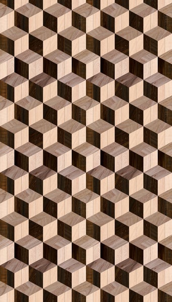 Tapete mit geometrischem dreidimensionalem Würfelmuster und verschiedenen Holzmaserungen.