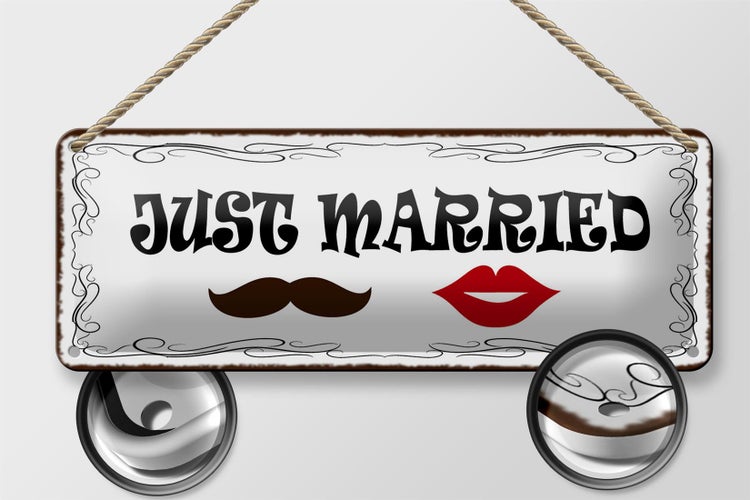 Blechschild Spruch 27x10cm Just married Ehepaar Dekoration