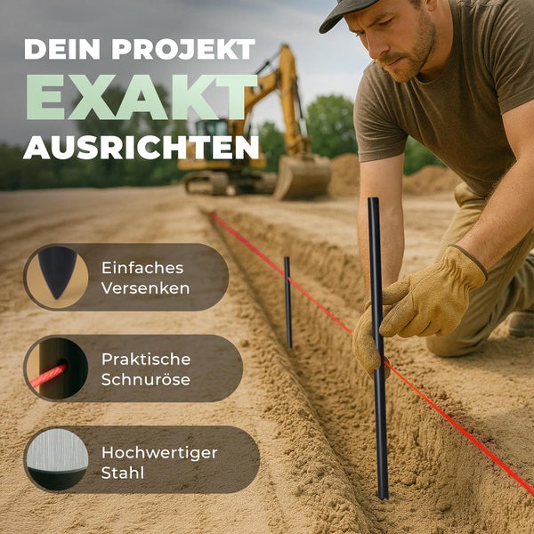 Handwerker auf einer Baustelle beim Ausrichten mit Schnurnagel aus Stahl und Richtschnur. Inklusive Detailansichten von Spitze, Öse und Material.
