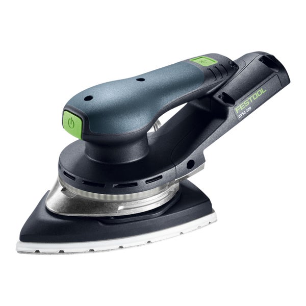 Festool Akku-Deltaschleifer DTSC 400 mit dreieckiger Schleifplatte und ergonomischem Griff.