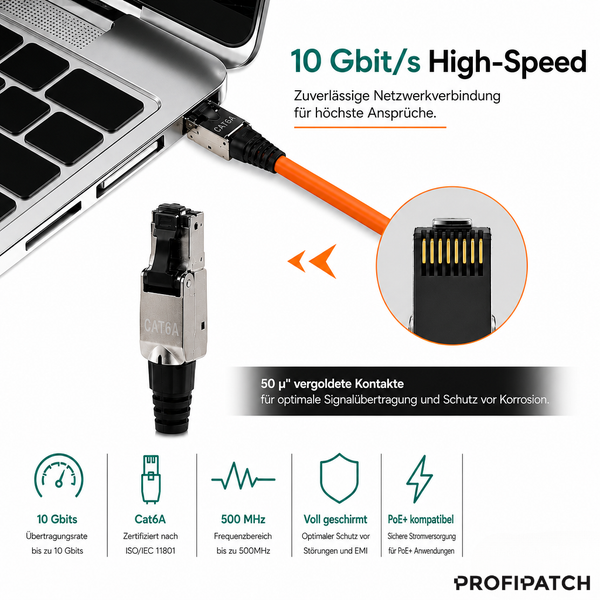 Profipatch Cat 6A RJ45 Netzwerkstecker am Laptop, 50 Mikrozoll vergoldete Kontakte, 10 Gigabit pro Sekunde, geschirmt, PoE plus fähig.