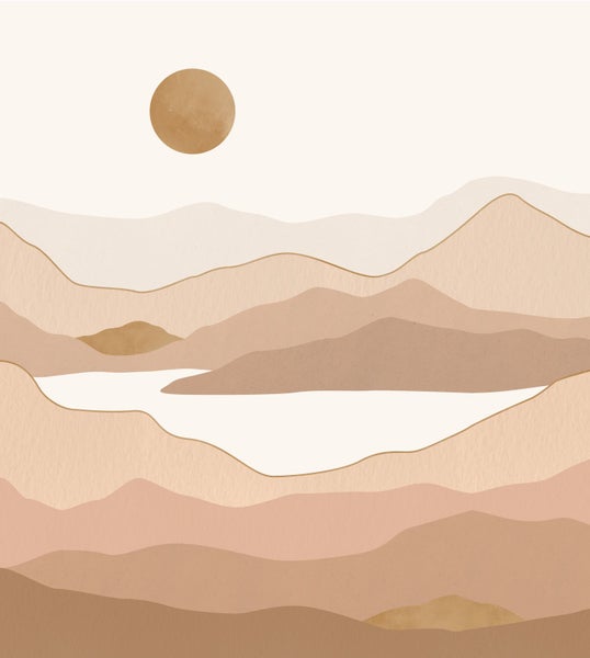 Illustration einer stilisierten Landschaft mit Bergen und See unter einer Sonne.