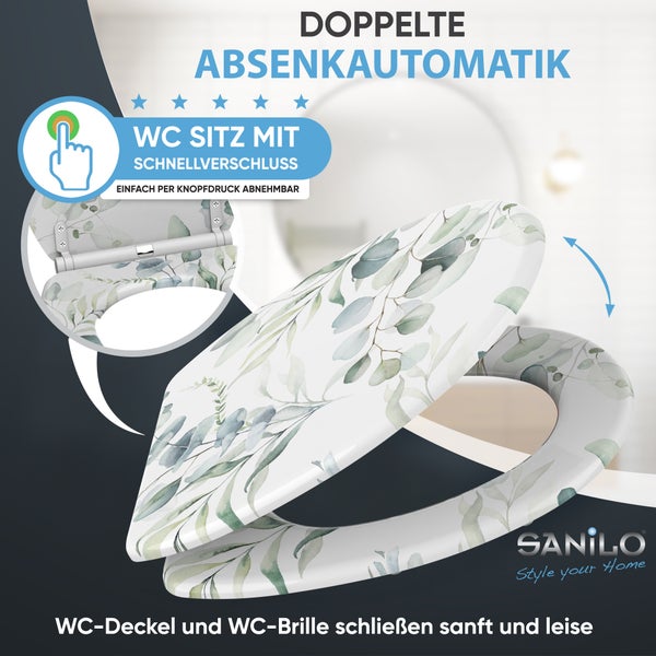 Toilettensitz mit Eukalyptus-Blättermuster, doppelter Absenkautomatik und Schnellverschluss zum einfachen Abnehmen. SANILO Logo.