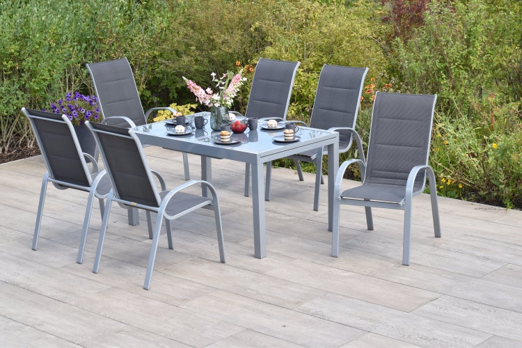 Amalfi di Lusso Set 7tlg., 6 Stapelsessel, Ausziehtisch 160 (220) x 90 cm, silber/anthrazit