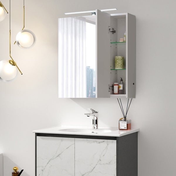 ML-Design Spiegelschrank Bad 3-Türig mit LED Beleuchtung, Steckdose, Lichtschalter und 6 höhenverstellbaren Glaseinlegeböden, 72,4x72x15 cm, Weiß, Badschrank Badezimmerschrank Badspiegel Wandspiegel