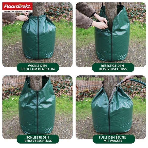 Anleitung zur Anwendung eines Bewässerungssacks für Bäume, der um den Baum gewickelt, mit einem Reissverschluss befestigt und anschliessend mit Wasser gefüllt wird