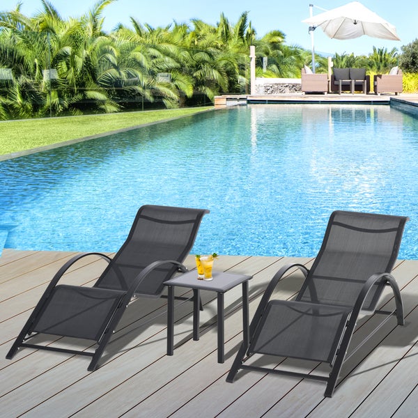 Outsunny 3-tlg. Gartenliege mit 2 Sonnenliegen, 1 Beistelltisch, 59L x 169B x 66H cm, Metall, Mesh, Schwarz