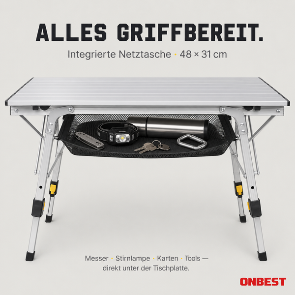 Klappbarer Campingtisch aus Aluminium mit integrierter Netztasche unter der Tischplatte zur Aufbewahrung von Werkzeug und Zubehör.