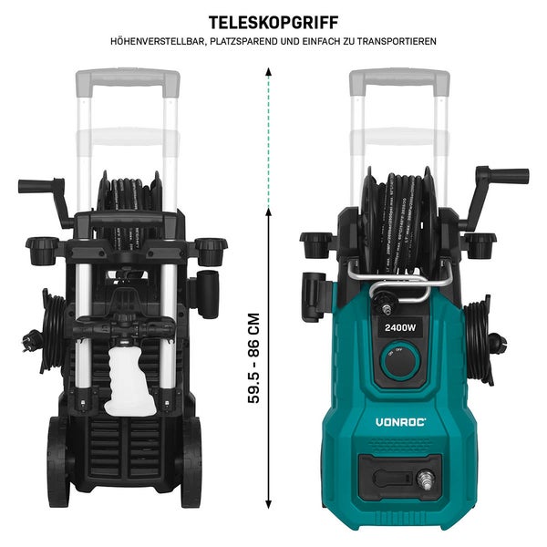 Hochdruckreiniger mit Teleskopgriff, höhenverstellbar von 59,5 bis 86 Zentimeter