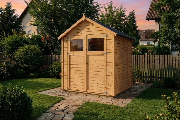 Gartenhaus aus Holz mit Satteldach und Doppeltür mit Fenstern auf Steinplatten im gepflegten Garten.