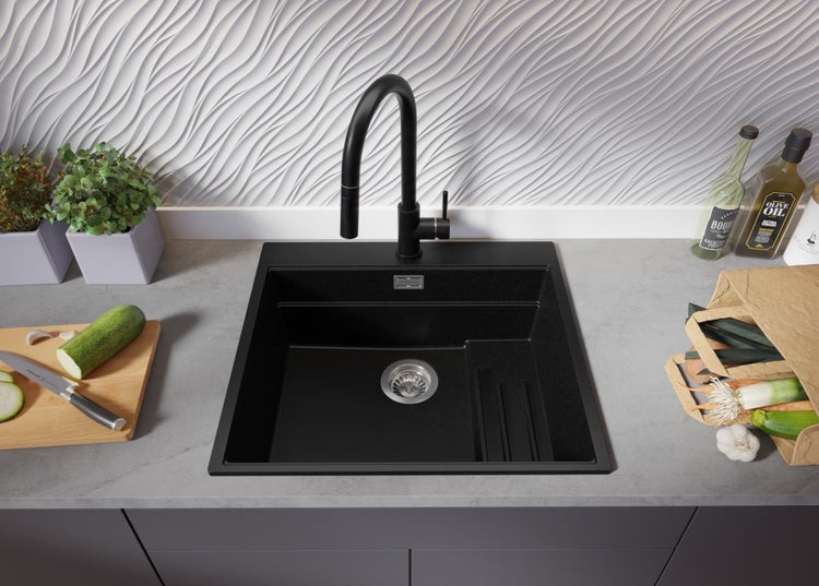 PRIMAGRAN Spülbecken Alles Schwarz 58x53cm, Granitspüle 1 Becken + Ablauf-Set + Küchenzubehörset, Küchenspüle ab 60er Unterschrank - Oslo Max