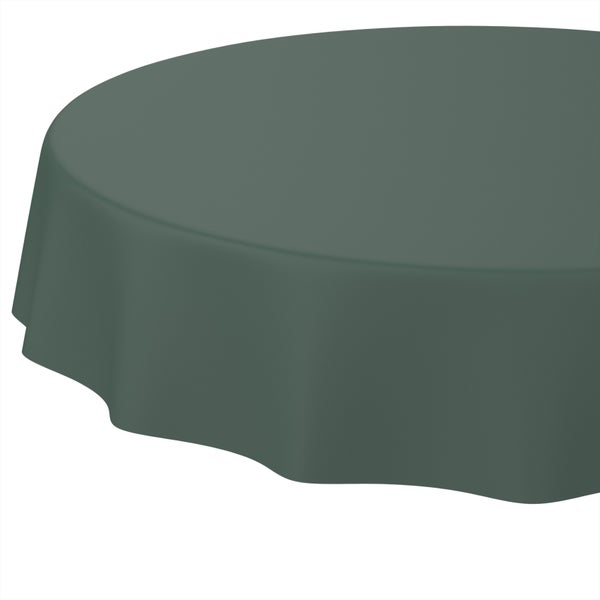 Runde Tischdecke aus dunkelgrünem Stoff.