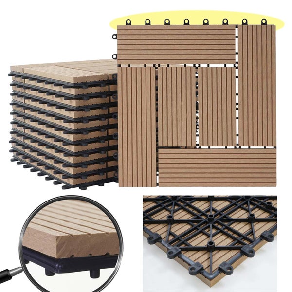 Terrassenfliesen aus Holz-Kunststoff-Verbundwerkstoff mit Klicksystem, geriffelte Oberfläche und Kunststoff-Unterkonstruktion.