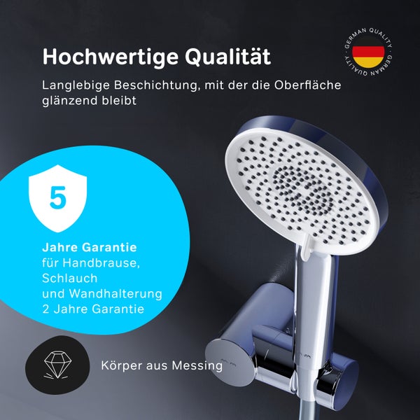Brausegarnitur mit fünf Jahren Garantie auf Handbrause, Schlauch und Wandhalterung sowie zwei Jahre Garantie auf den Körper aus Messing
