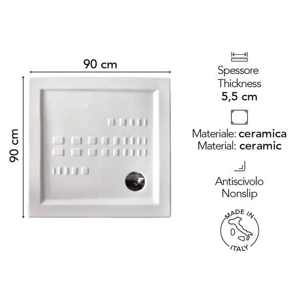 Quadratische weiße Duschwanne aus Keramik, 90 mal 90 Zentimeter, Dicke 5,5 Zentimeter, rutschfeste Oberfläche, hergestellt in Italien.