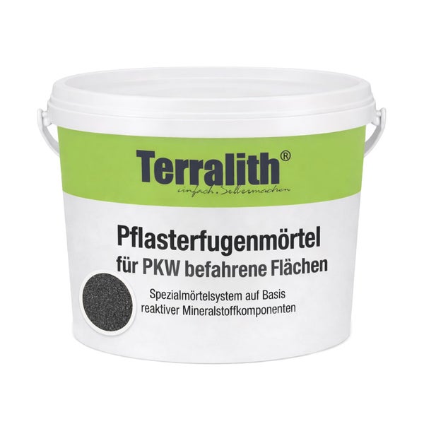 Eimer mit Terralith Pflasterfugenmörtel für PKW befahrbare Flächen, ein reaktives Spezialmörtelsystem für Pflasterungen.