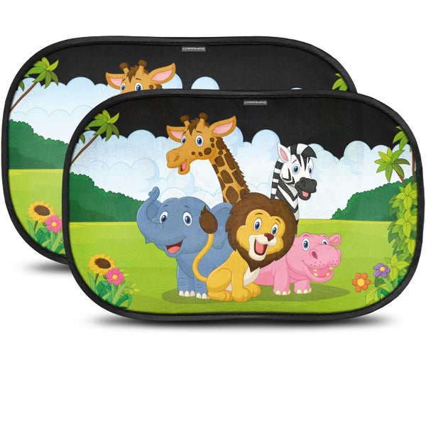 Zweiteiliges Set Auto-Sonnenschutz mit bunten Safari-Tiermotiven wie Löwe, Elefant und Giraffe für Kinder.