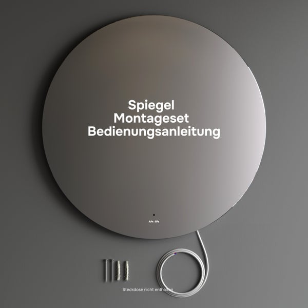 Runder Wandspiegel mit Montagezubehör und Stromkabel.
