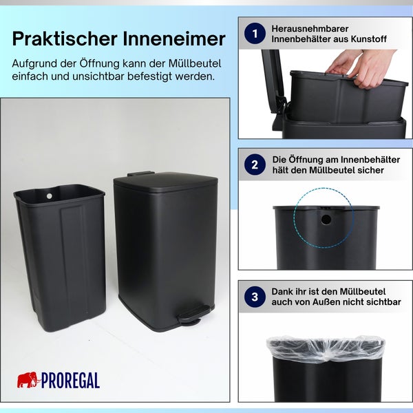 Schwarzer Tretmülleimer mit herausnehmbarem Inneneimer aus Kunststoff, Öffnung für unsichtbare Müllbeutelbefestigung, Proregal Logo.