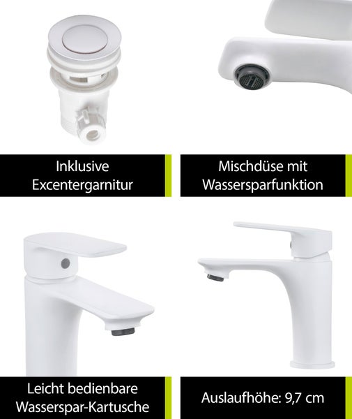 aquaSu® Wasserhahn Bad Weiß, Waschtischarmatur mit Zugstange, Einhebelmischer für Waschbecken, Badarmatur mit Ablaufgarnitur, Mischbatterie mit Wassersparmischdüse, Messingkern, werkzeuglose Montage, 797375