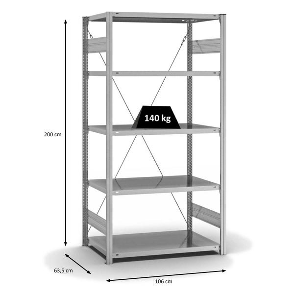 PROREGAL Fachbodenregal Stecksystem T-Profil Light-Duty Grundregal HxBxT 200 x 100 x 60 cm 5 Ebenen Fachlast 140 kg Einseitig Nutzbar Verzinkt