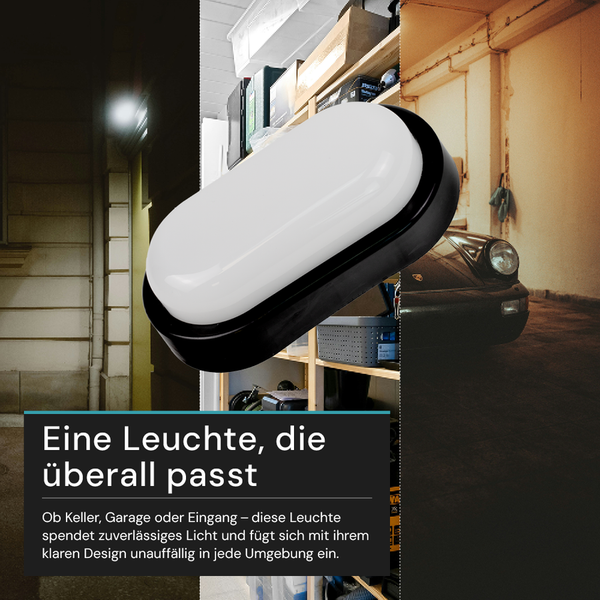 Oval geformte Leuchte mit schwarzer Umrandung in verschiedenen Umgebungen