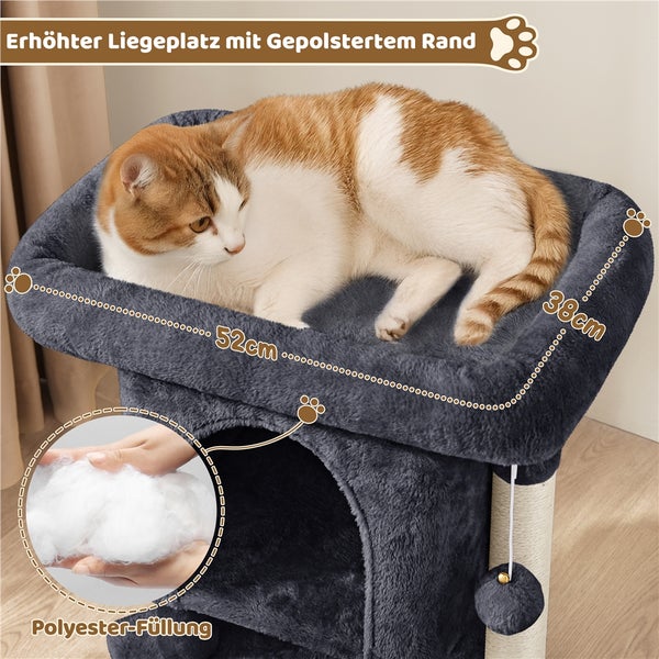 Katze auf einem grauen Katzenkratzbaum mit erhöhtem, gepolstertem Liegeplatz